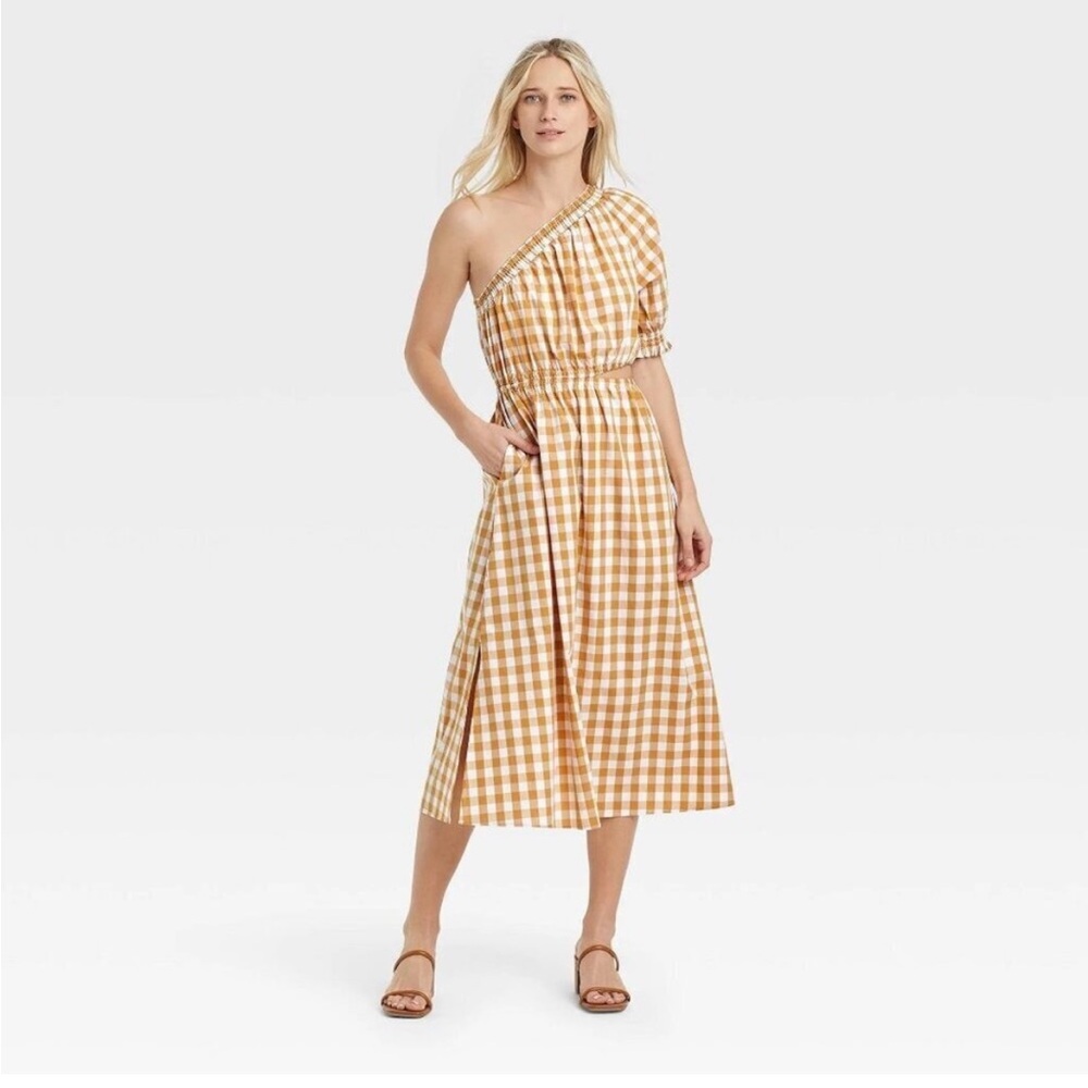 Who What Wear One-Shoulder Checkered Dress in Mustard and White